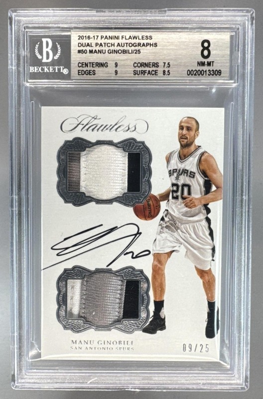 Manu Ginobili 2016 Panini Flawless #DPA-MGI Dual Patch Auto 9/25 BGS 8