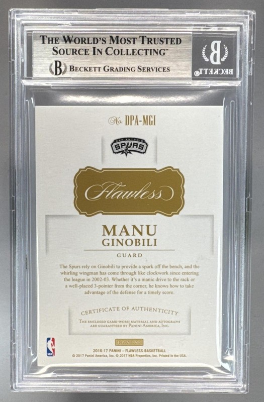 Manu Ginobili 2016 Panini Flawless #DPA-MGI Dual Patch Auto 9/25 BGS 8 view 2