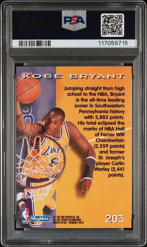 1996-97 Skybox Premium 203 Kobe Bryant PSA 9 Los Angeles Lakers RC Rookie card view 2