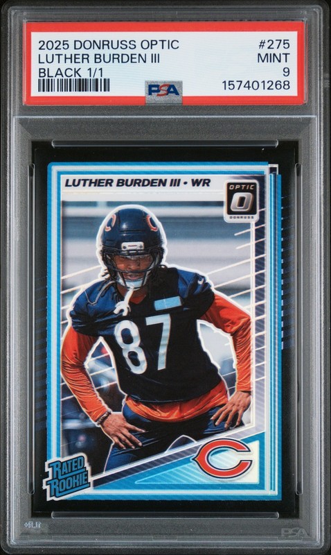 Luther Burden III 2025 Panini Donruss Optic #275 Black Prizm RC Rated 1/1 PSA 9