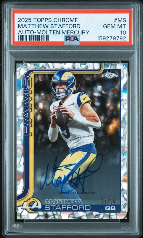 Matthew Stafford 2025 Topps Chrome FDI Molten Mercury Refractor Auto 1/14 PSA 10