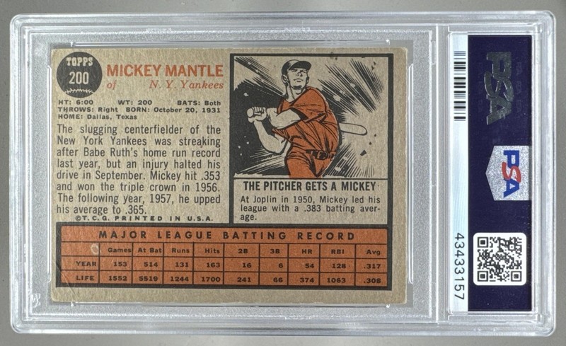 43433157 Mickey Mantle 1962 Topps #200 PSA 3 view 2