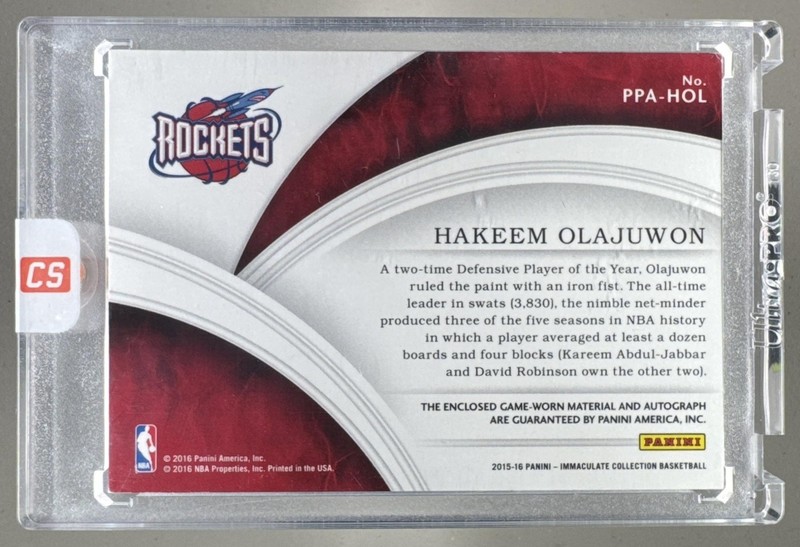 Hakeem Olajuwon 2015 Panini Immaculate #PPA-HOL Premium Patch Auto 19/25 view 2