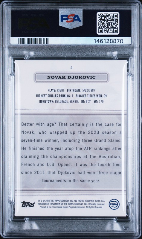 146128870 Novak Djokovic 2024 Topps Royalty Collection #2 Blue 22/25 PSA 10 view 2