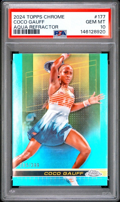 146128920 Coco Gauff 2024 Topps Chrome #177 Aqua Refractor /399 PSA 10
