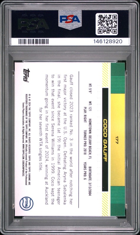 146128920 Coco Gauff 2024 Topps Chrome #177 Aqua Refractor /399 PSA 10 view 2