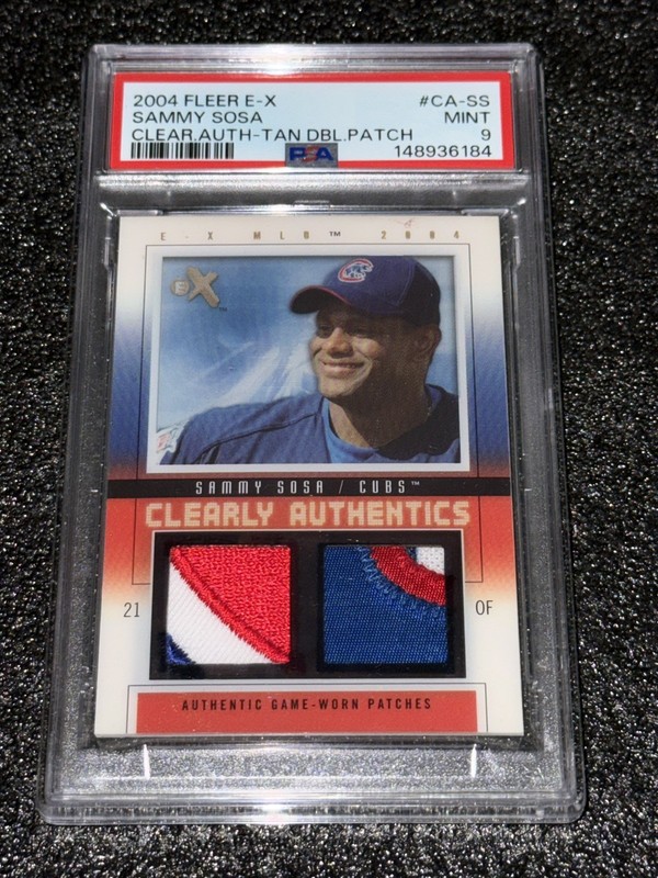 2004 FLEER E-X CLEARLY AUTHENTICS GAME USED PATCH SAMMY SOSA #/22 POP 1 PSA 9