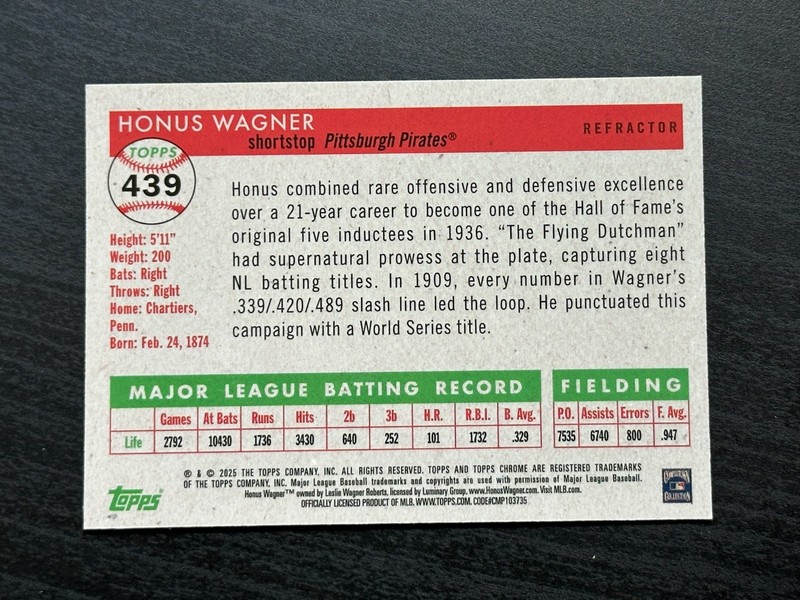 2025 Topps Chrome Platinum Honus Wagner Refractor Pittsburgh Pirates Card #439 view 2