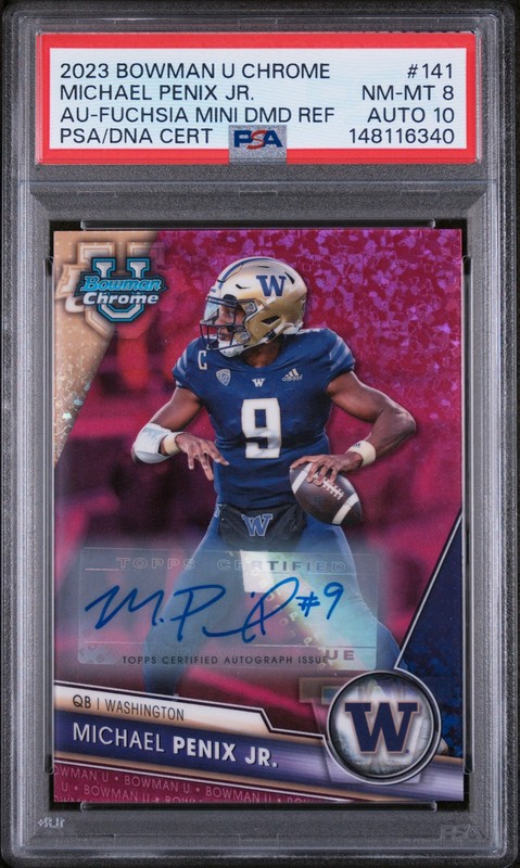 2023 Bowman U Chrome Michael Penix Jr Fuchsia Mini Diamond Auto /150 PSA 8/10