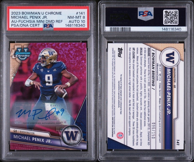 2023 Bowman U Chrome Michael Penix Jr Fuchsia Mini Diamond Auto /150 PSA 8/10 view 2