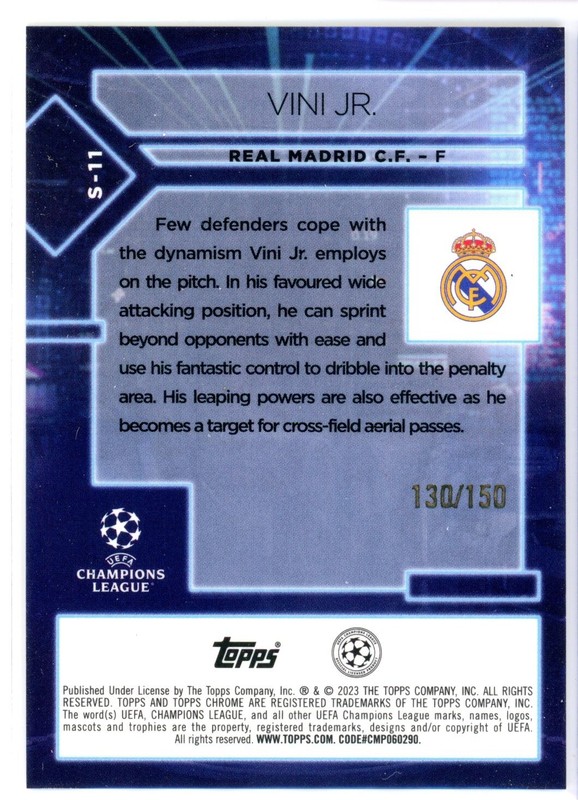 2022-23 Topps Chrome UEFA VINICIUS VINI JR Specimen Blue Refractor #d/150 S-11 view 2