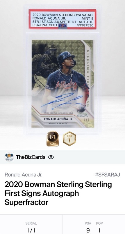 2020 Bowman Sterling Ronald Acuna Jr. First Signs Auto Superfractor 1/1 PSA 9/10 view 2