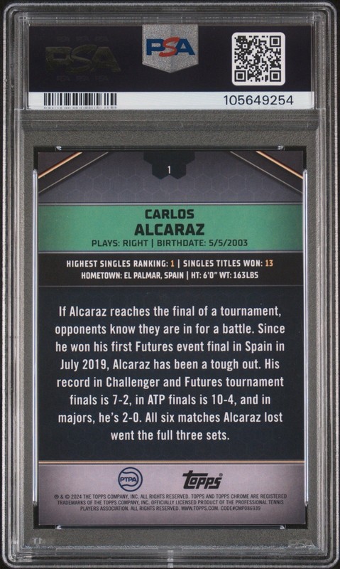 2024 Topps Graphite Carlos Alcaraz Pink Refractor #/15 SSP PSA 8 RC Rookie view 2