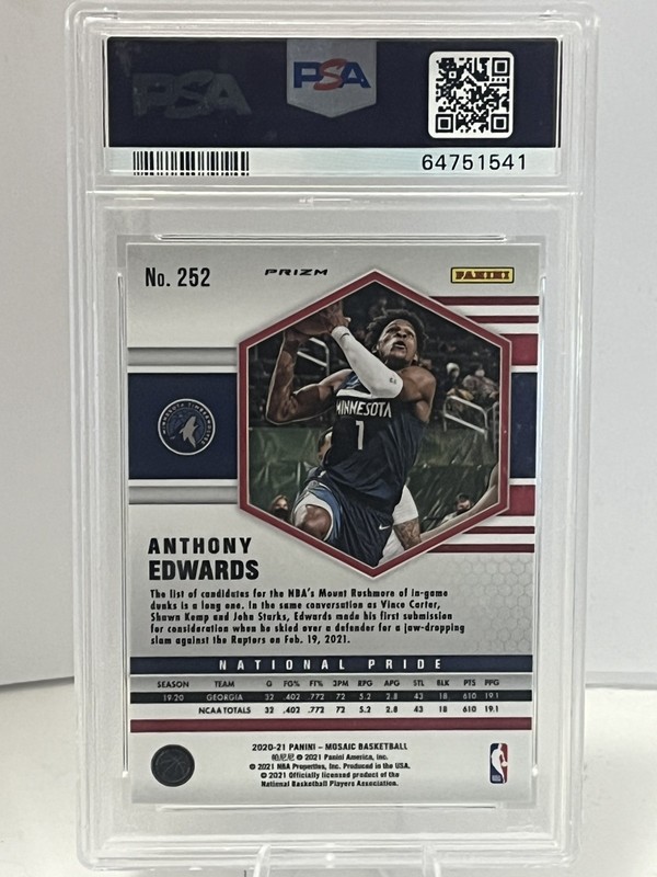 2020 Panini Mosaic Anthony Edwards Green Mosaic Rookie Card #252  PSA 10  view 2