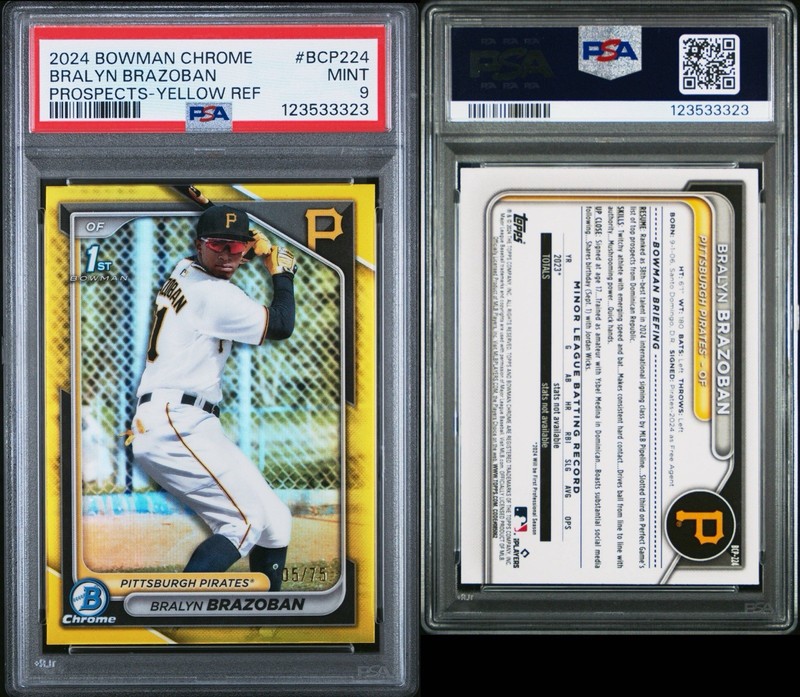 2024 Bowman Chrome - Prospects Bralyn Brazoban Yellow Refractor /75 PSA 9 view 2