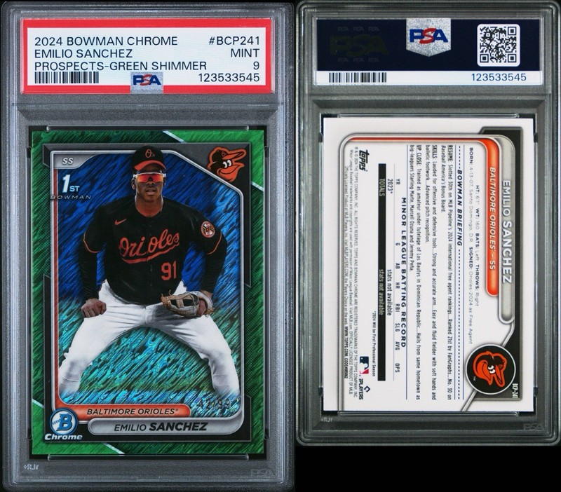 2024 Bowman Chrome - Prospects Emilio Sanchez Green Shimmer /99 PSA 9 view 2