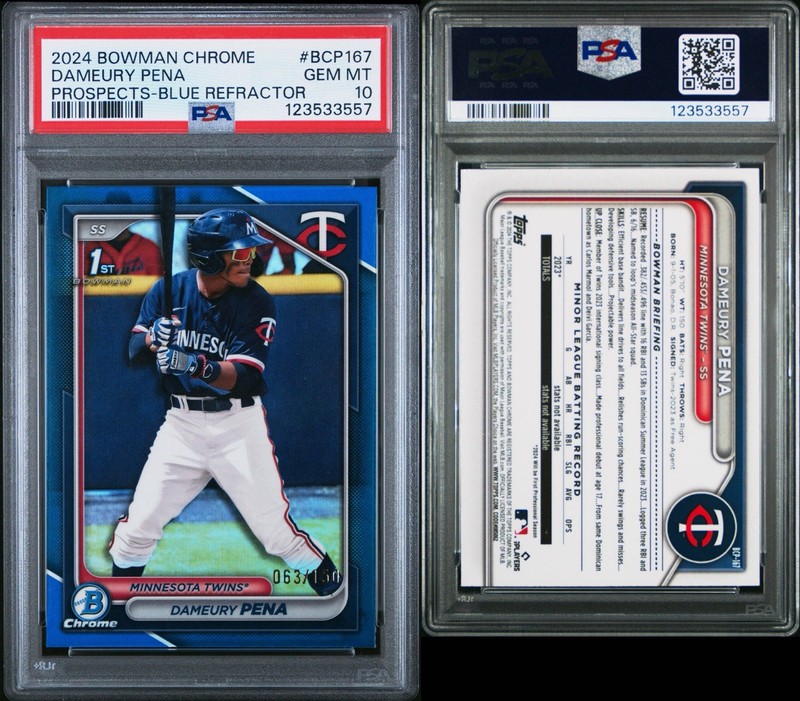 2024 Bowman Chrome - Prospects Dameury Pena #BCP-167 Blue Refractor /150 PSA 10 view 2