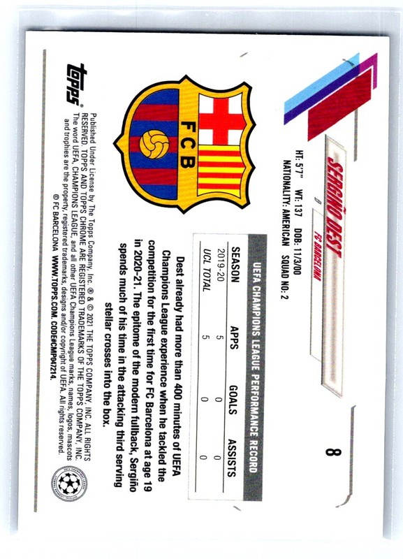 2020-21 Topps Chrome Sapphire UEFA CL Sergino Dest Refractor #8 Barcelona bx7G view 2