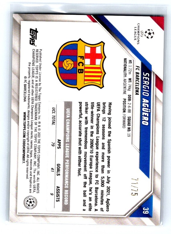 2021-22 Topps Chrome Sapphire UEFA #39 Sergio Aguero (FC Barcelona) /75 bx7G view 2