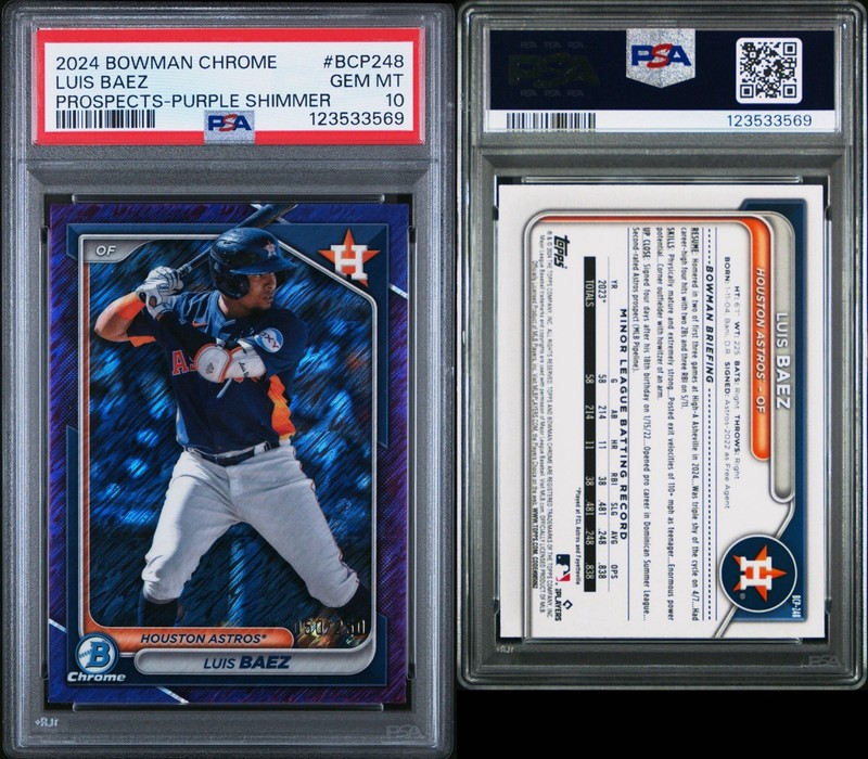 2024 Bowman Chrome - Prospects Luis Baez Purple Shimmer Refractor /250 PSA 10 view 2