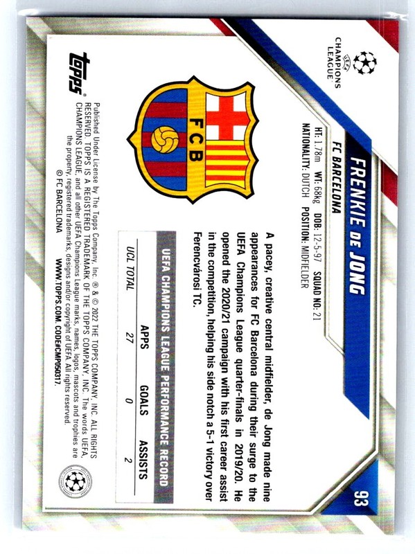 2021-22 Topps Chrome Sapphire UEFA CL #93 FRENKIE DE JONG - BARCELONA bx7G view 2