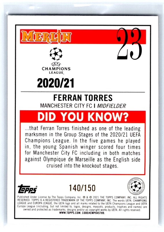 Ferran Torres 2020-21 Topps Merlin Chrome UEFA SPECKLE Refractor /150 bx7G view 2