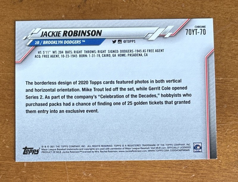 2021 Topps 70 Years of Baseball Jackie Robinson #70YT-70 Dodgers view 2