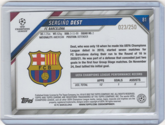 2021-22 Chrome UEFA Champions League 23/250 Sergino Dest view 2