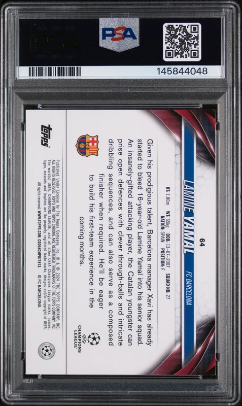 2023-24 Topps Chrome UEFA Club Competitions Lamine Yamal #64 Rookie PSA 9 Mint view 2