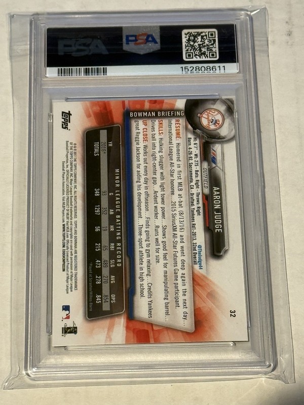 Topps 2017 Bowman Aaron Judge Yankees #32 Rookie Base Set PSA 9 view 2