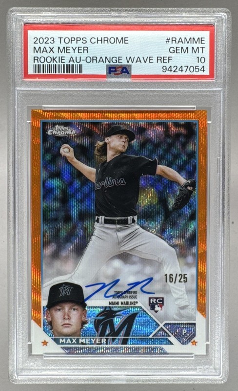 7054 Max Meyer 2023 Topps Chrome #RA-MME Orange Wave Rookie RC Auto /25 PSA 10