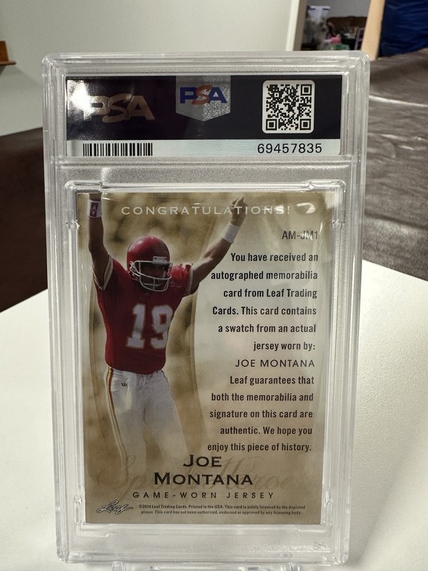 Joe Montana 2014 Leaf Q #AM-JM1 /5 Game Worn Patch Auto PSA 9 NONE GRADED HIGHER view 2