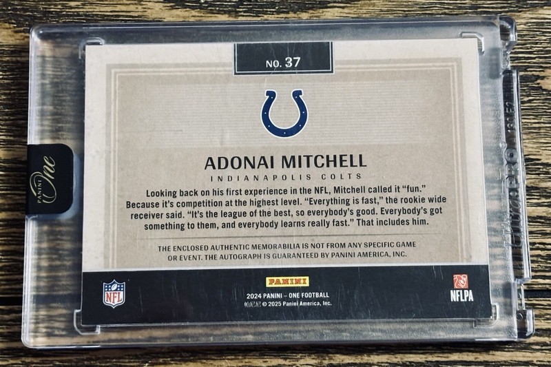 2024 Panini One Adonai Mitchell /75 Red RPA Patch Auto #37 Colts Jets On Card view 2