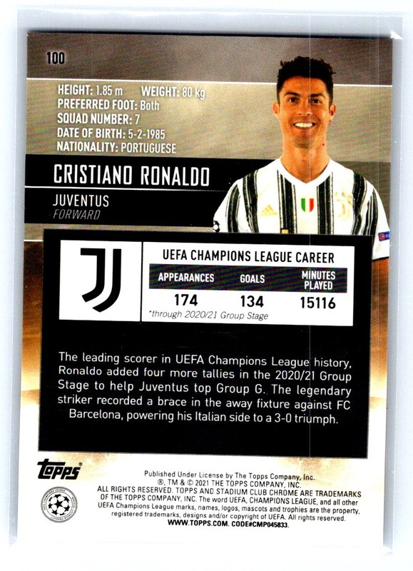 Cristiano Ronaldo 2020-21 Topps Stadium Club Chrome UEFA CL #100 Juventus E bX8B view 2