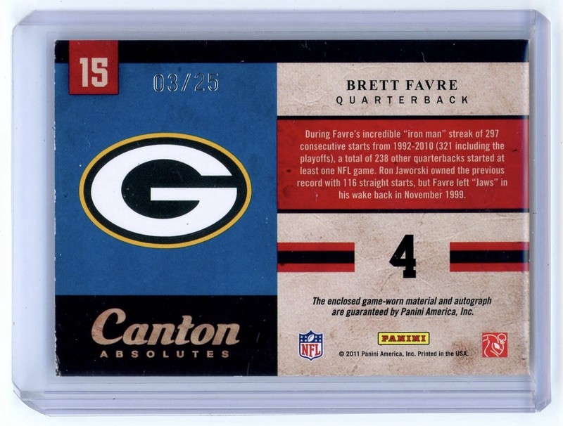 2011 Panini Absolute Memorabilia Canton Brett Favre Game Used Jersey Auto /25 view 2