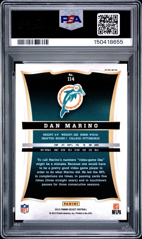 2013 Panini Select #114 Dan Marino Prizm PSA 9 Low POP view 2