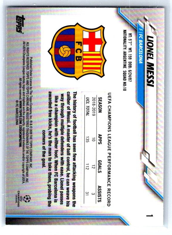 LIONEL MESSI 2019-20 Topps Chrome UCL Base #1 FC Barcelona bX8c view 2