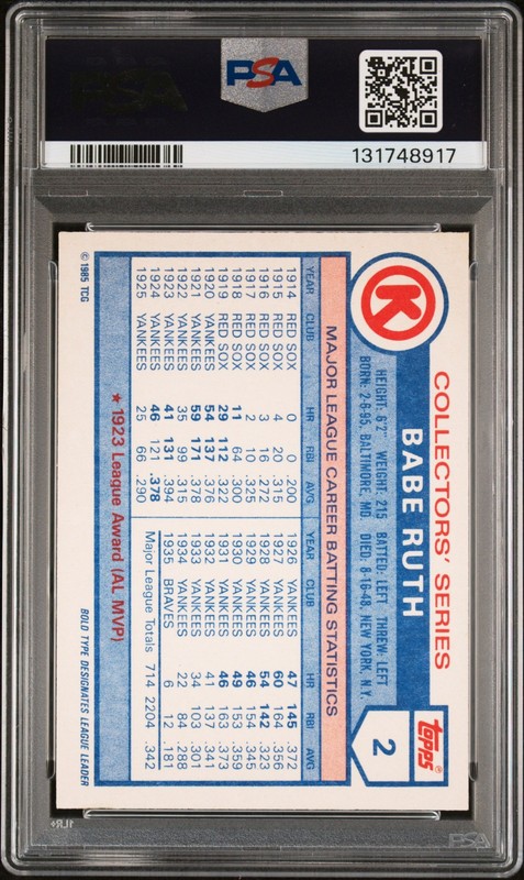 131748917 Babe Ruth 1985 Topps Circle K All Time Home Run Kings #2 PSA 6 view 2