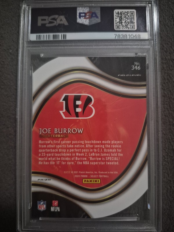 2020 Panini Select Joe Burrow Die Cut Blue Prizm #346 PSA 10 view 2
