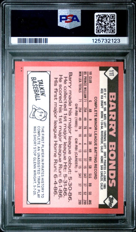 1986 TOPPS BARRY BONDS RC  ROOKIE 11T PSA 9  view 2
