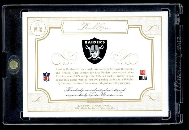 2015 Panini Flawless Derek Carr Game Used Prime Patch Auto Ruby Jersey # 4/15 view 2