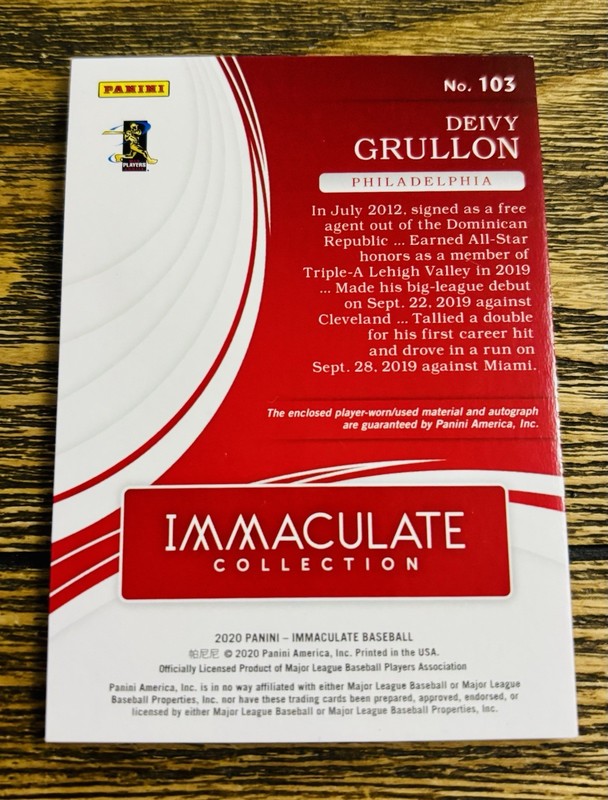 2020 Immaculate Collection Deivy Grullon /99 RC Patch Auto #103 Phillies view 2