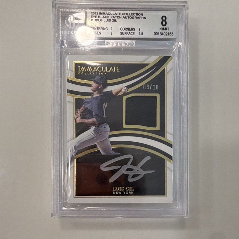 Panini 2022 Immaculate Eye Black Patch Auto Luis Gil Yankees /10 BGS 8