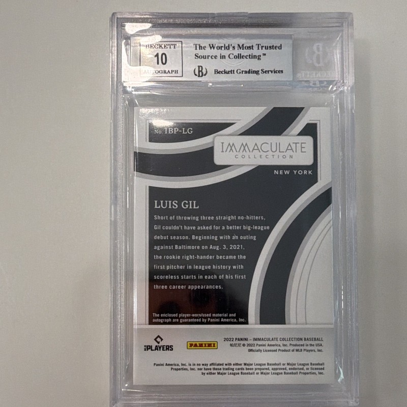 Panini 2022 Immaculate Eye Black Patch Auto Luis Gil Yankees /10 BGS 8 view 2