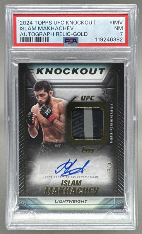 6382 Islam Makhachev 2024 Topps Knockout UFC #KAR-IMV Gold Patch Auto /8 PSA 7