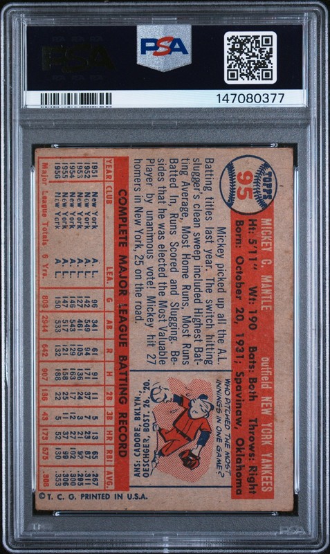 1957 Topps 95 Mickey Mantle PSA 2 147080377 view 2