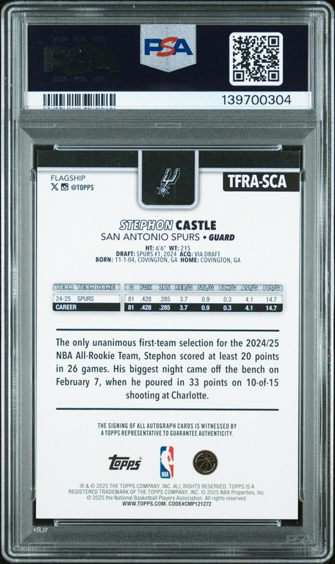 Stephon Castle 2025-26 Topps Flagship Real One Auto PSA 9 Spurs None Higher view 2