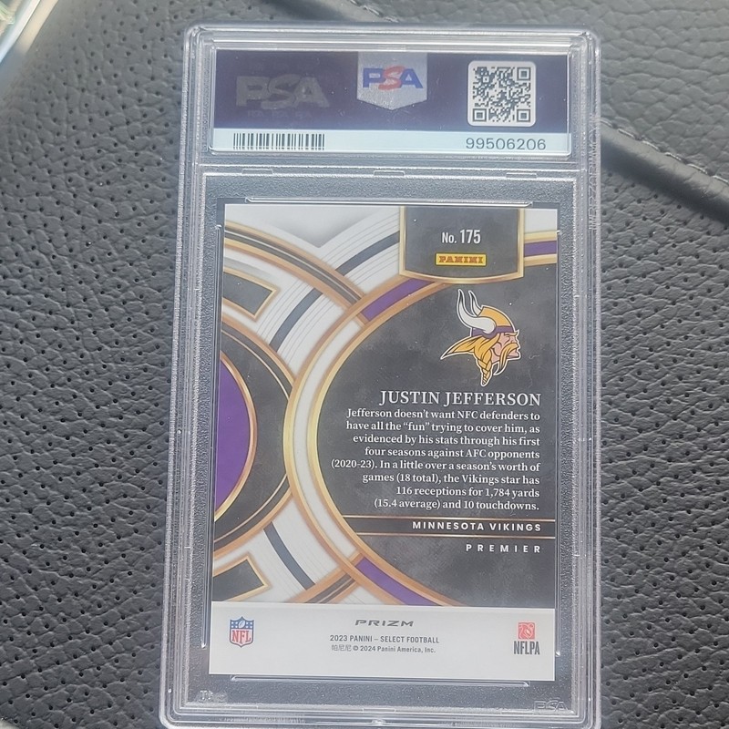 2023 Panini Select Premier Level Justin Jefferson #175 Tie-Dye Prizm /25 PSA 10 view 2