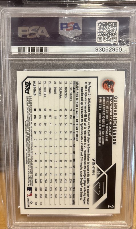 2023 Topps Chrome Logofractor Gunnar Henderson #2 Blue Refractor 110 /150 PSA 10 view 2