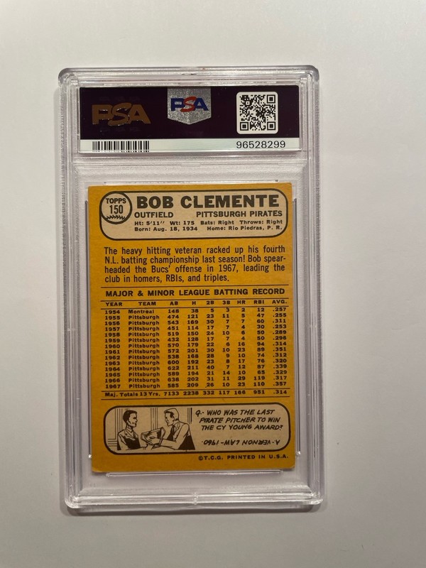 1968 Topps -- Bob Roberto Clemente #150 -- PSA 2.5 Good+ view 2